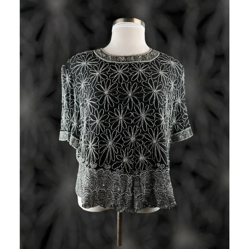 *Flawed* Vintage Laurence Kazar Silk Beaded Embellished Top Black Plus Size 3X - Picture 1 of 12